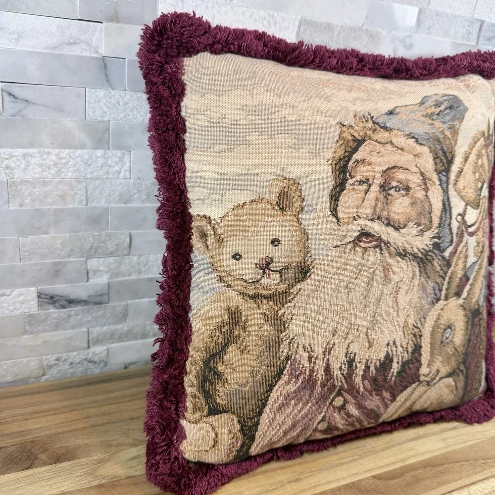 Vintage‎ Santa Claus Tapestry Throw Pillow Burgundy Fringe Velvet Back 11x11